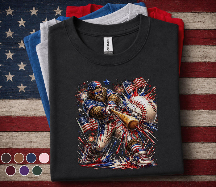 Patriotic Bigfoot Baseball Shirt, American Flag Sasquatch Batter Tee