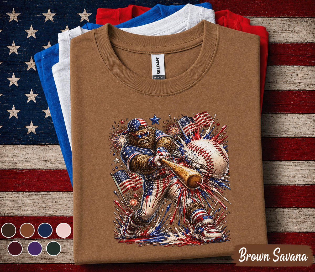 Patriotic Bigfoot Baseball Shirt, American Flag Sasquatch Batter Tee, 4th of July Baseball Fan Shirt, USA Sports Gift Top Forth of July