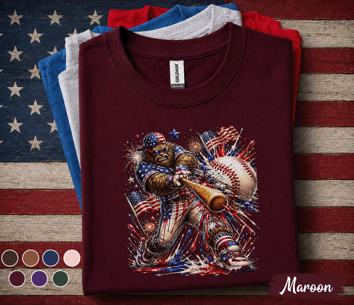 Patriotic Bigfoot Baseball Shirt, American Flag Sasquatch Batter Tee, 4th of July Baseball Fan Shirt, USA Sports Gift Top Forth of July