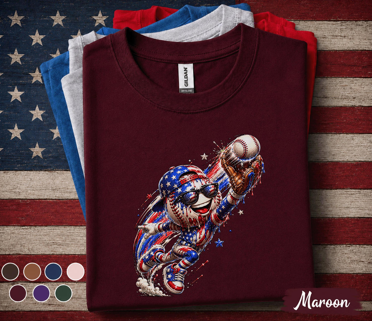 Patriotic Baseball Catcher Shirt, American Flag Baseball Drip Tee, Youth Boy 4th of July Baseball Fan Shirt, USA Sports Independence Day Top