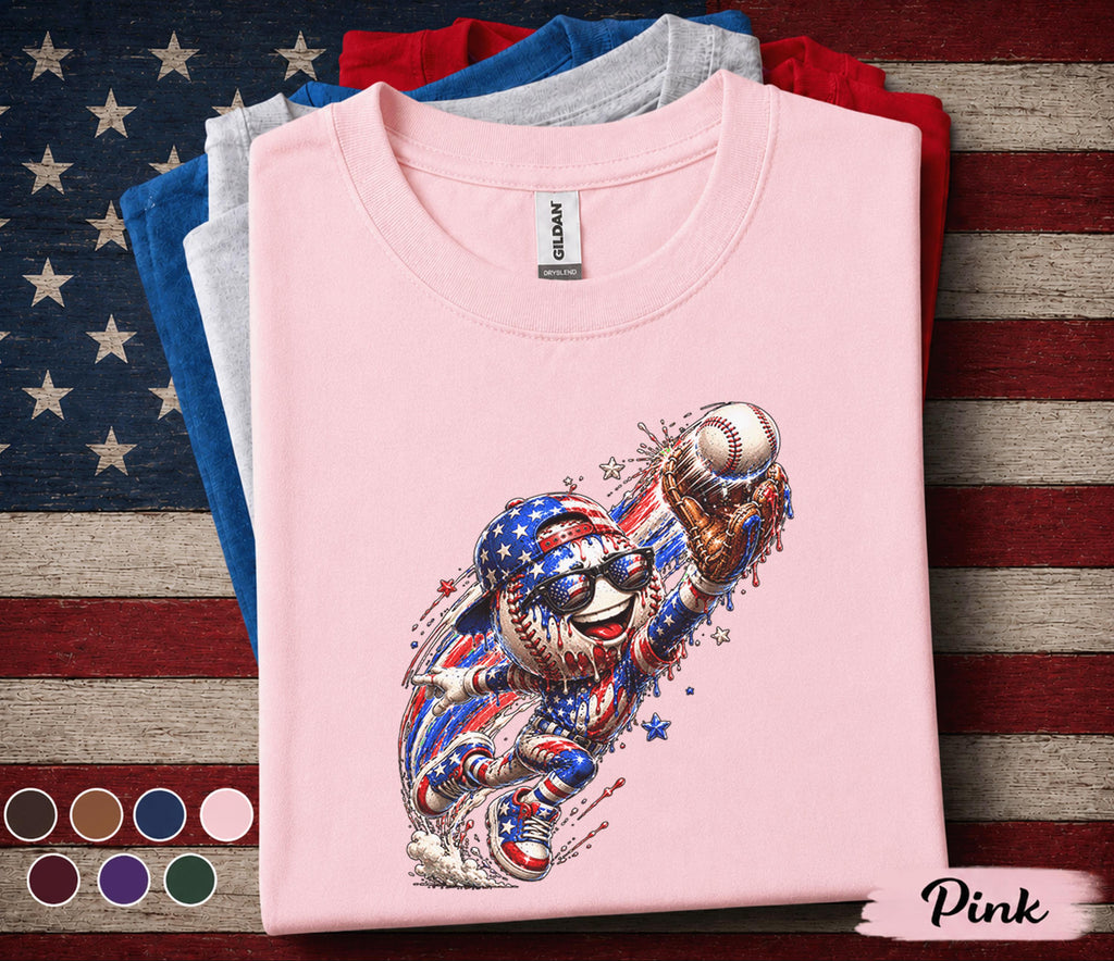 Patriotic Baseball Catcher Shirt, American Flag Baseball Drip Tee, Youth Boy 4th of July Baseball Fan Shirt, USA Sports Independence Day Top