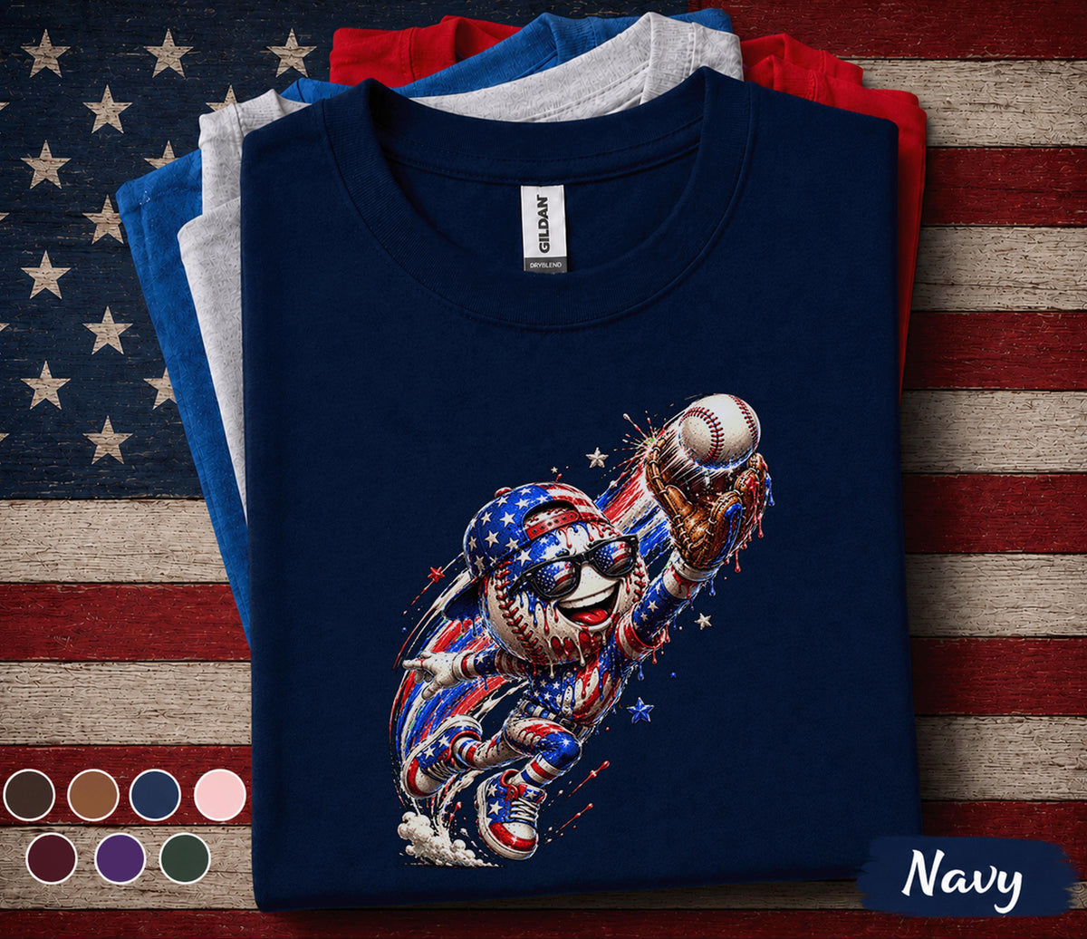 Patriotic Baseball Catcher Shirt, American Flag Baseball Drip Tee, Youth Boy 4th of July Baseball Fan Shirt, USA Sports Independence Day Top
