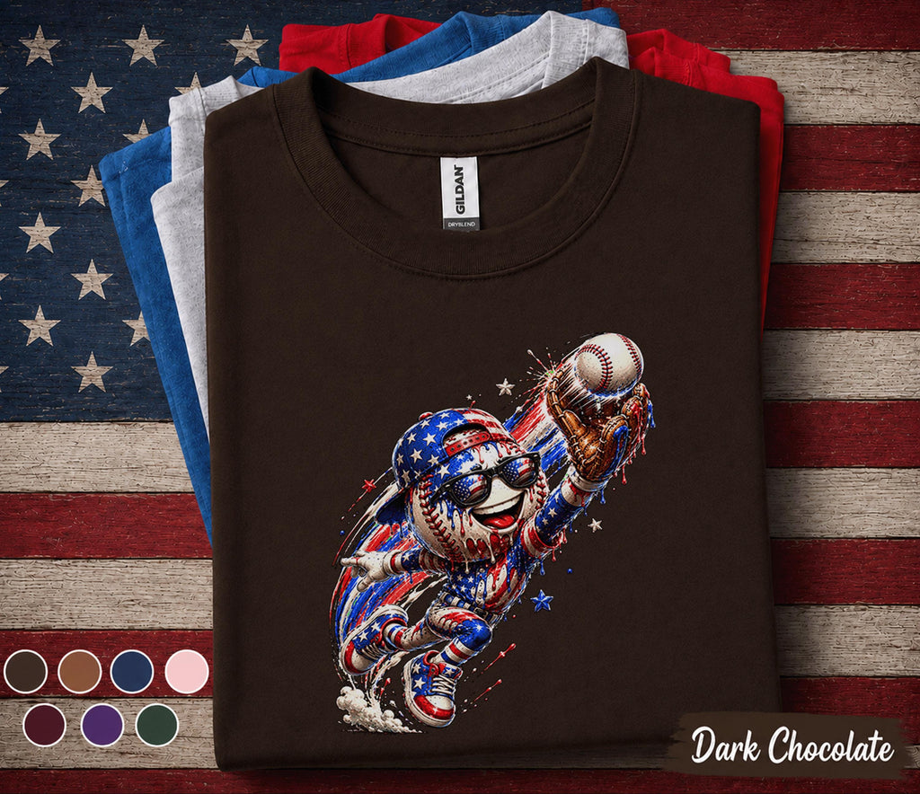 Patriotic Baseball Catcher Shirt, American Flag Baseball Drip Tee, Youth Boy 4th of July Baseball Fan Shirt, USA Sports Independence Day Top