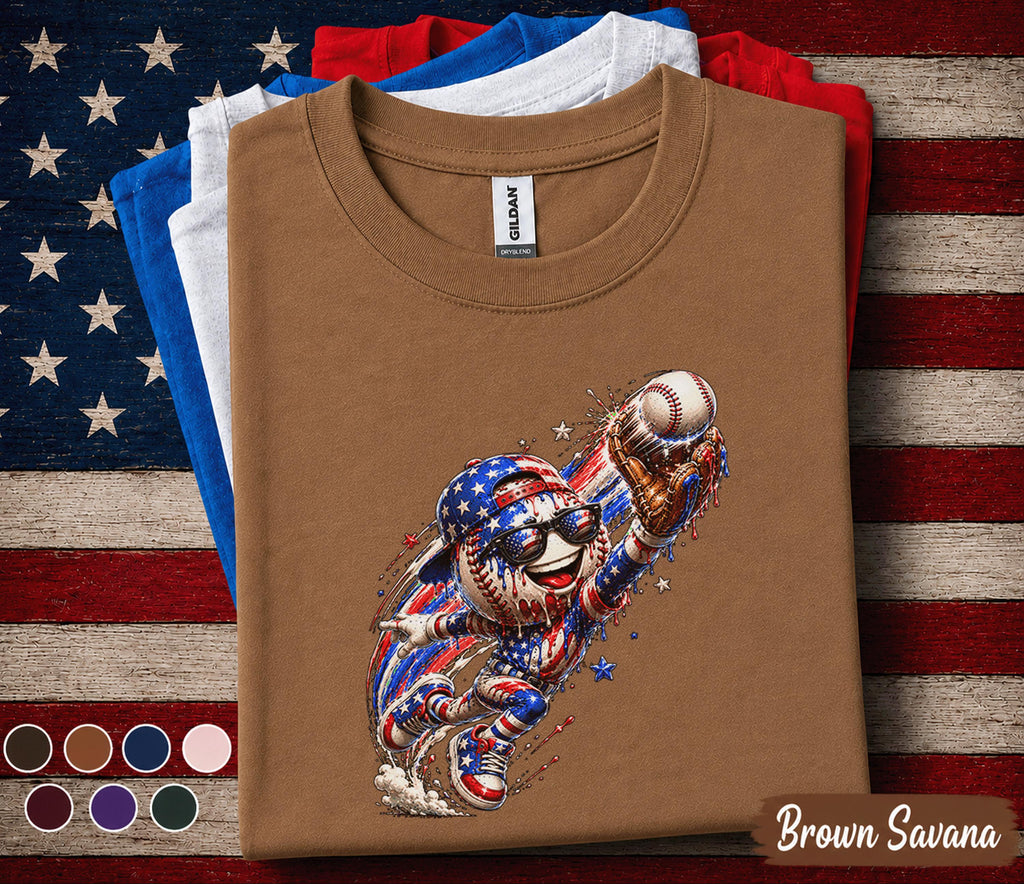 Patriotic Baseball Catcher Shirt, American Flag Baseball Drip Tee, Youth Boy 4th of July Baseball Fan Shirt, USA Sports Independence Day Top