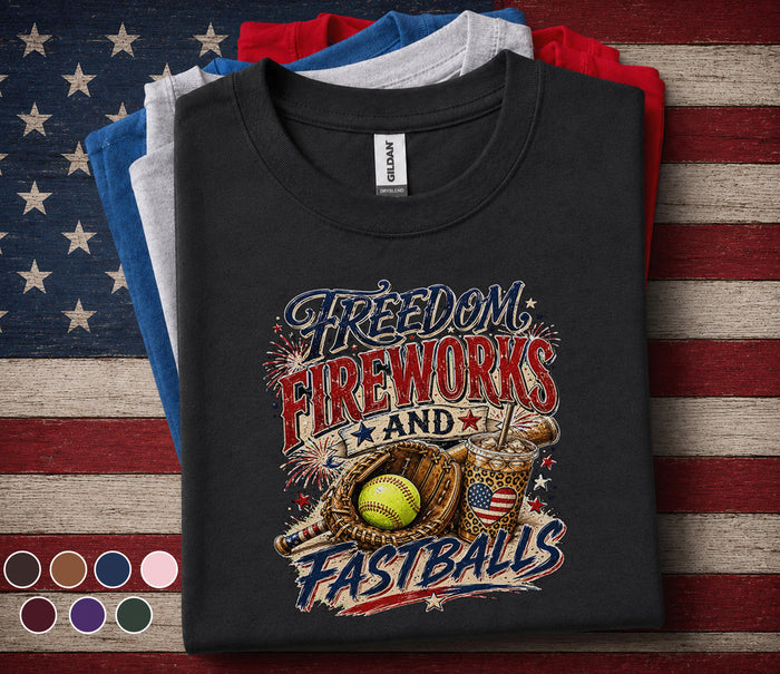 Freedom Fireworks and Fastballs Shirt, Patriotic Softball Tee