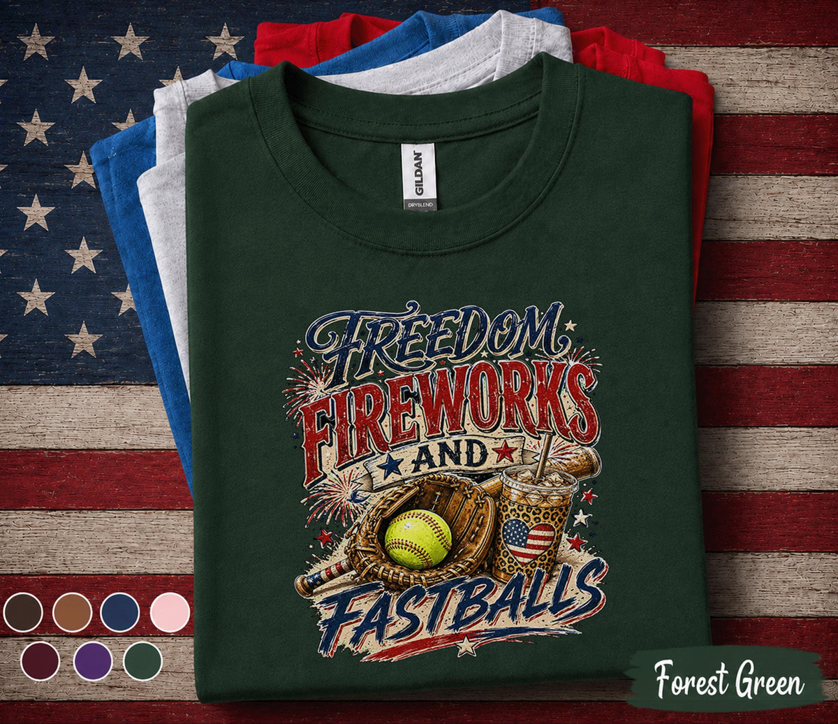 Freedom Fireworks and Fastballs Shirt, Patriotic Softball Tee, 4th of July Softball Player Shirt, American Sports Gift Top Forth of July