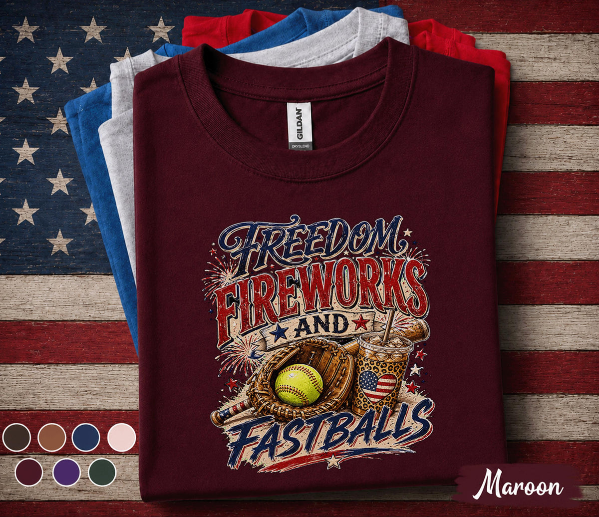 Freedom Fireworks and Fastballs Shirt, Patriotic Softball Tee, 4th of July Softball Player Shirt, American Sports Gift Top Forth of July