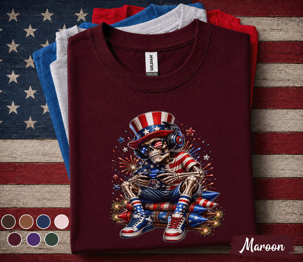 Funny Patriotic Gamer Skull Shirt, 4th of July Gaming Skeleton Tee, American Flag Gamer Shirt, Independence Day Gaming Gift Forth of July