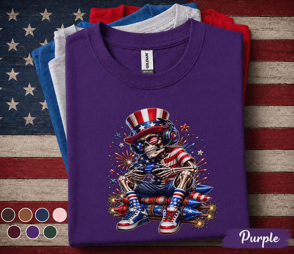 Funny Patriotic Gamer Skull Shirt, 4th of July Gaming Skeleton Tee, American Flag Gamer Shirt, Independence Day Gaming Gift Forth of July