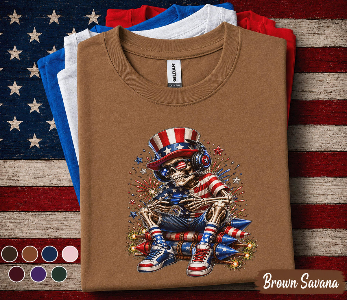 Funny Patriotic Gamer Skull Shirt, 4th of July Gaming Skeleton Tee, American Flag Gamer Shirt, Independence Day Gaming Gift Forth of July