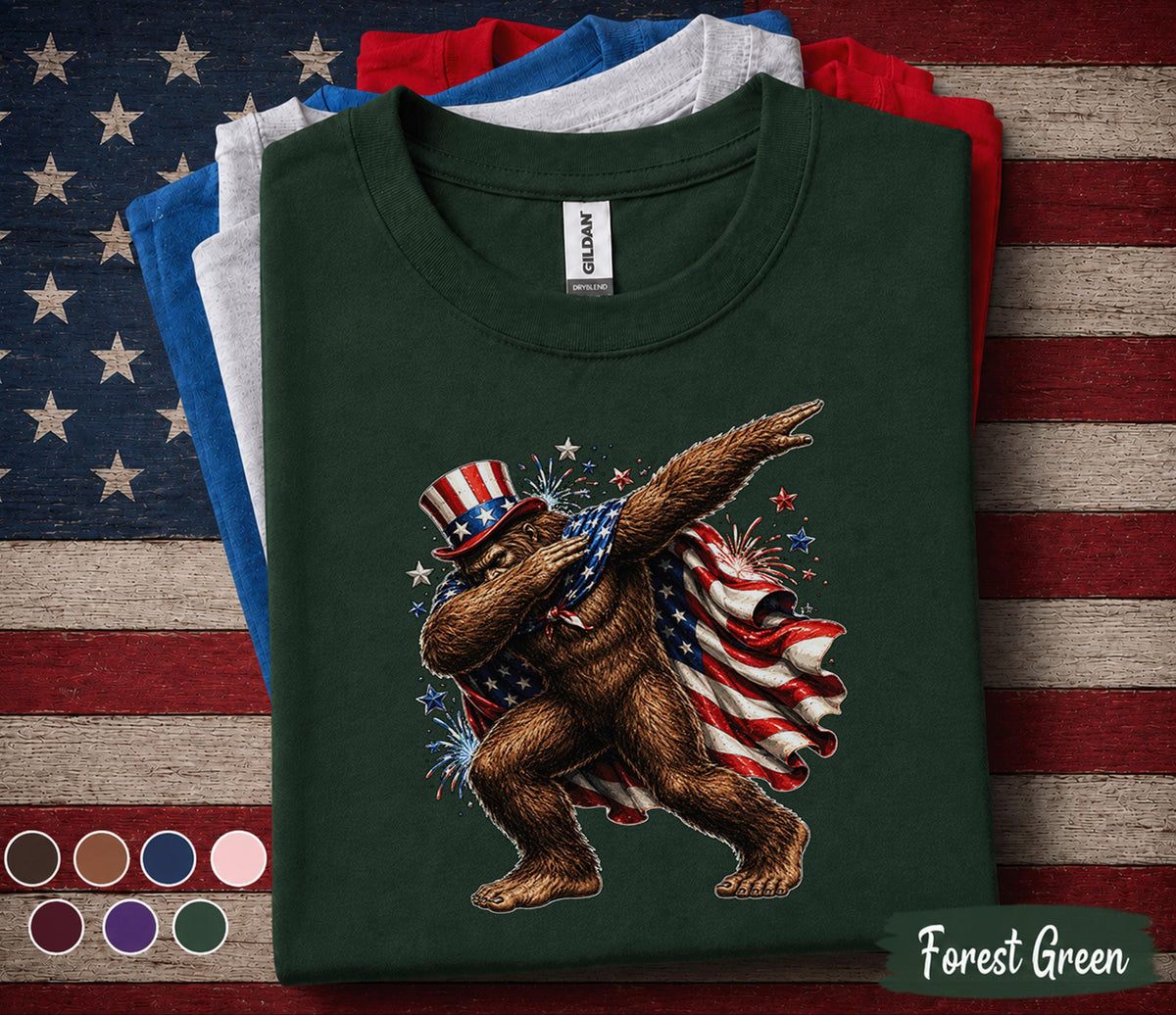 Patriotic Bigfoot Dabbing Shirt, American Flag Sasquatch Tee, Funny 4th of July Bigfoot Shirt, Independence Day USA Pride Top Forth of July