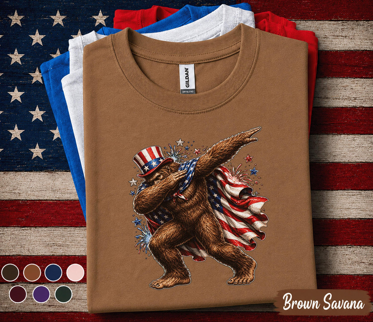 Patriotic Bigfoot Dabbing Shirt, American Flag Sasquatch Tee, Funny 4th of July Bigfoot Shirt, Independence Day USA Pride Top Forth of July