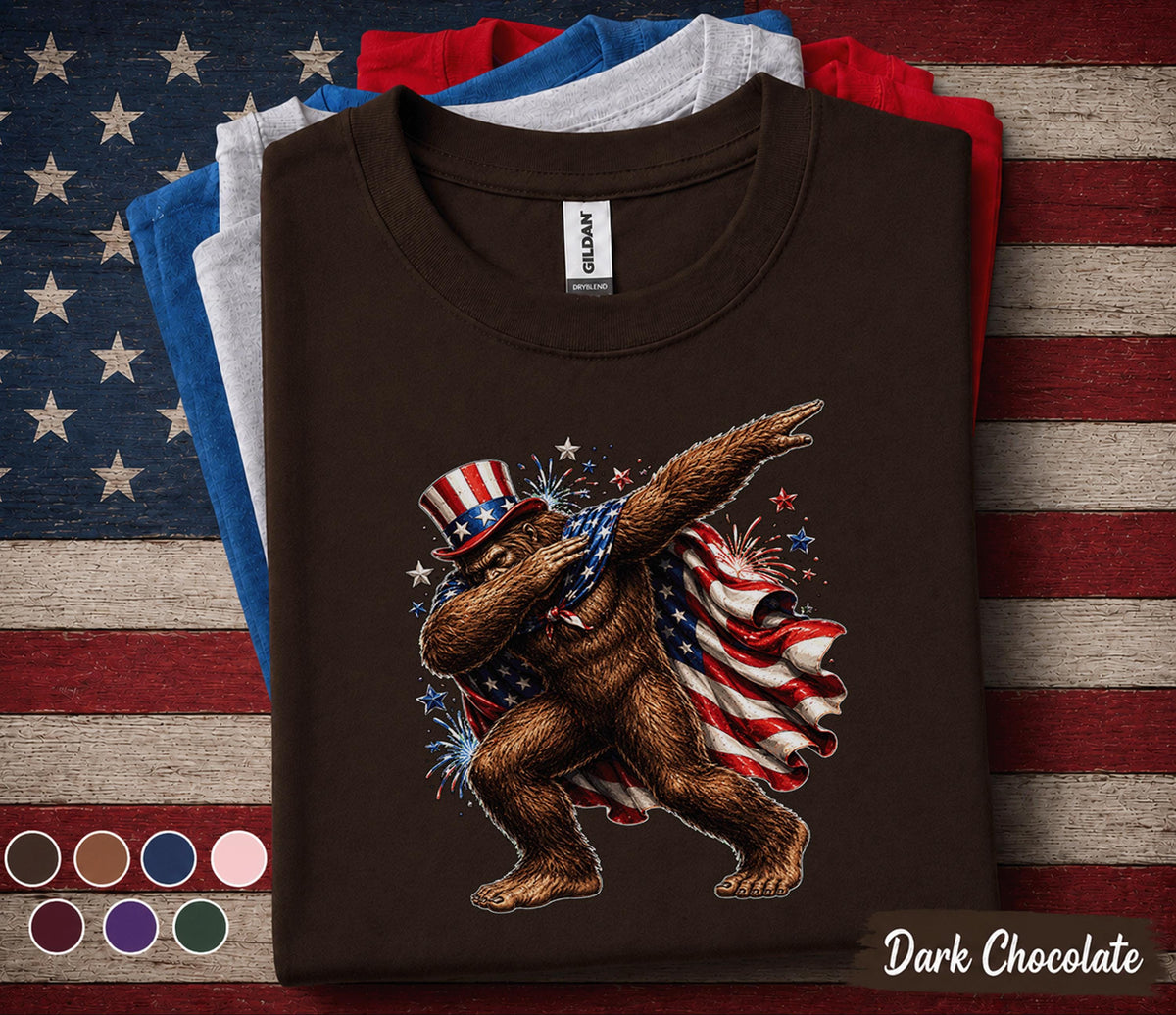 Patriotic Bigfoot Dabbing Shirt, American Flag Sasquatch Tee, Funny 4th of July Bigfoot Shirt, Independence Day USA Pride Top Forth of July