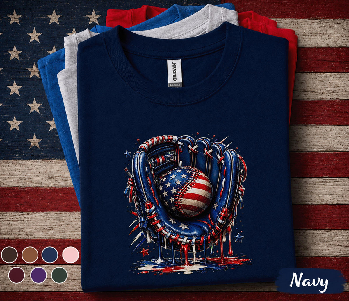 Patriotic Baseball Glove Shirt, American Flag Baseball Tee, 4th of July Baseball Drip Shirt, USA Sports Independence Day Gift Forth of July