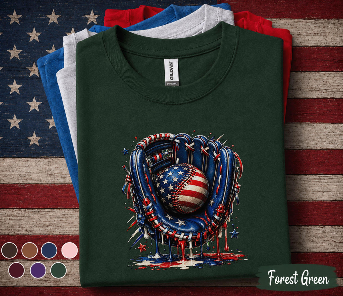 Patriotic Baseball Glove Shirt, American Flag Baseball Tee, 4th of July Baseball Drip Shirt, USA Sports Independence Day Gift Forth of July