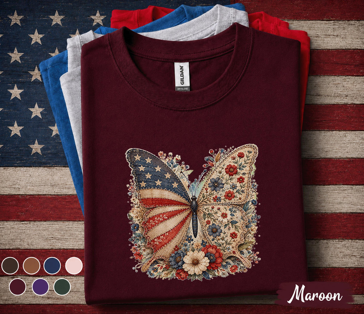 Patriotic Butterfly Shirt, 4th of July Floral Butterfly Tee, Vintage American Flag Shirt, Independence Day Women Forth of July Top