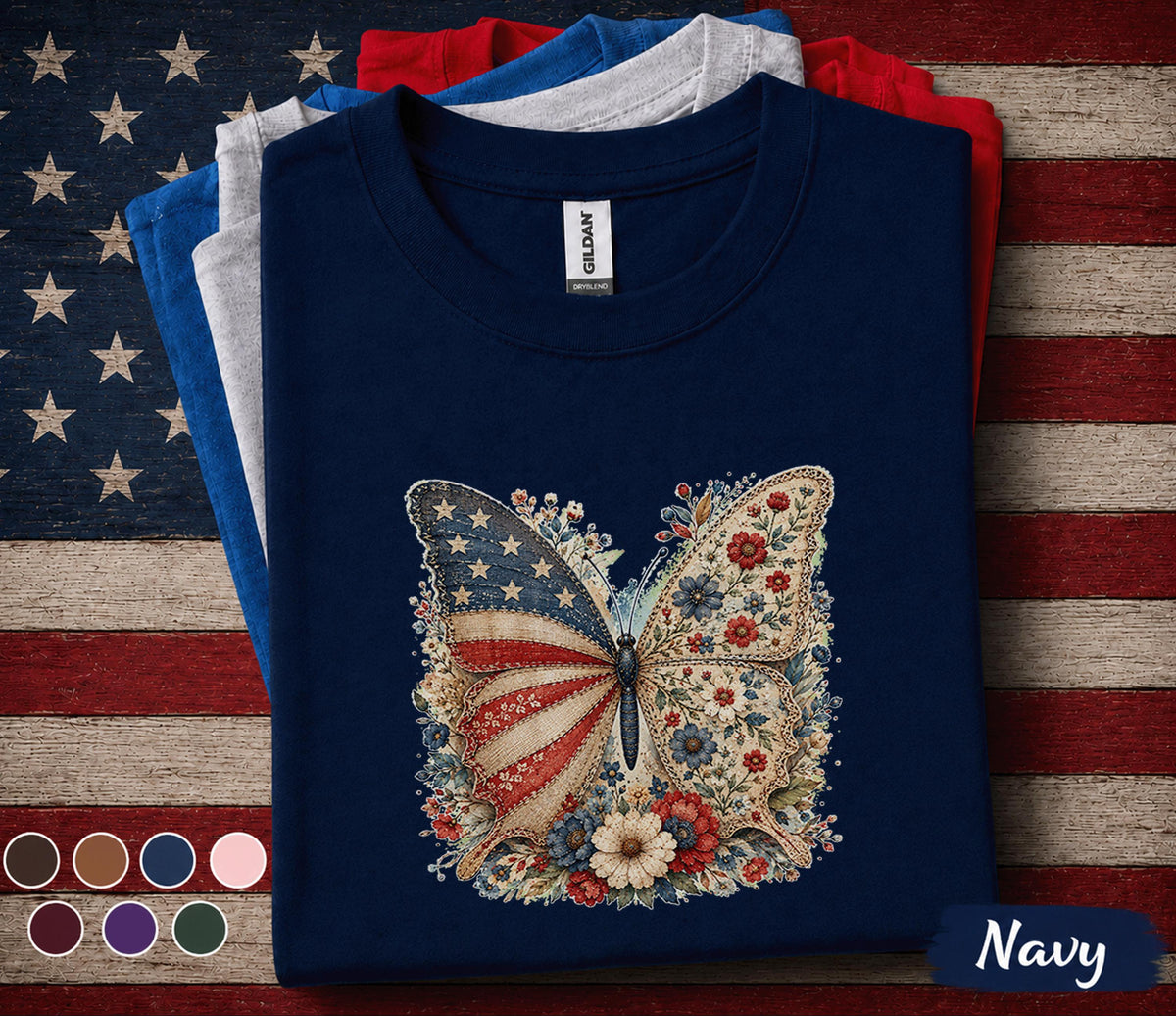Patriotic Butterfly Shirt, 4th of July Floral Butterfly Tee, Vintage American Flag Shirt, Independence Day Women Forth of July Top