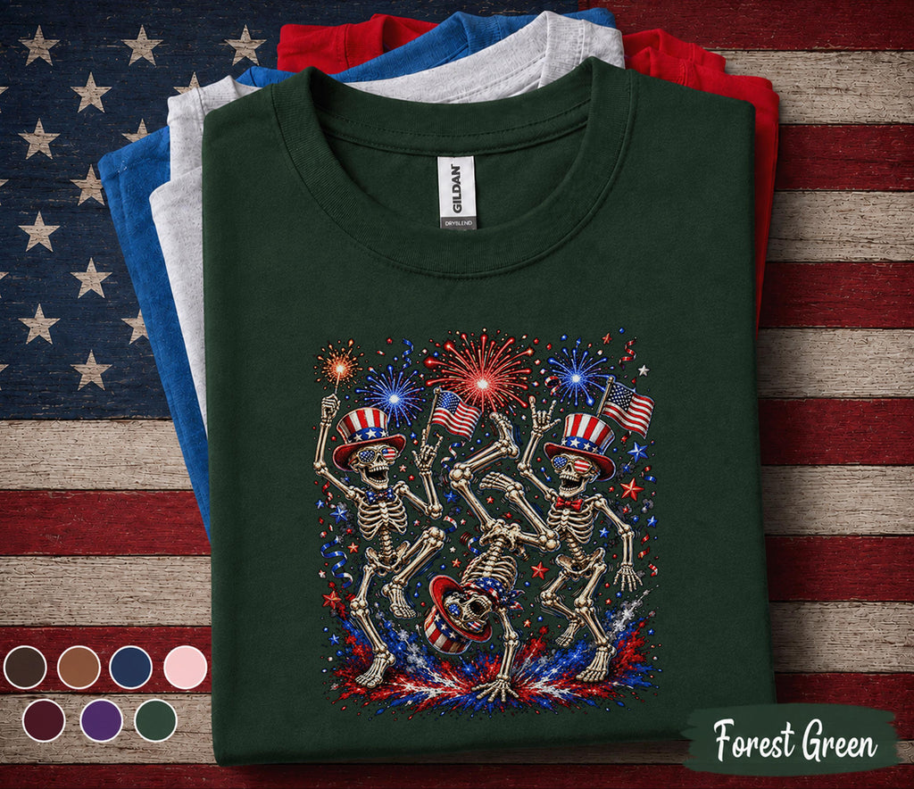 Patriotic Skeleton Shirt, 4th of July Skeleton Dance Tee, Funny USA Fireworks Shirt, Independence Day Party Forth of July Top