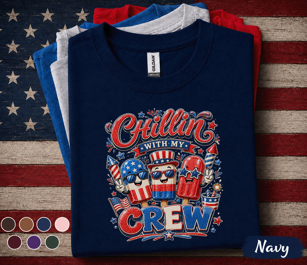 Chillin With My Crew Shirt, Patriotic Popsicle 4th of July Tee, Funny Independence Day Party Shirt, Red White Blue Summer Top Forth of July