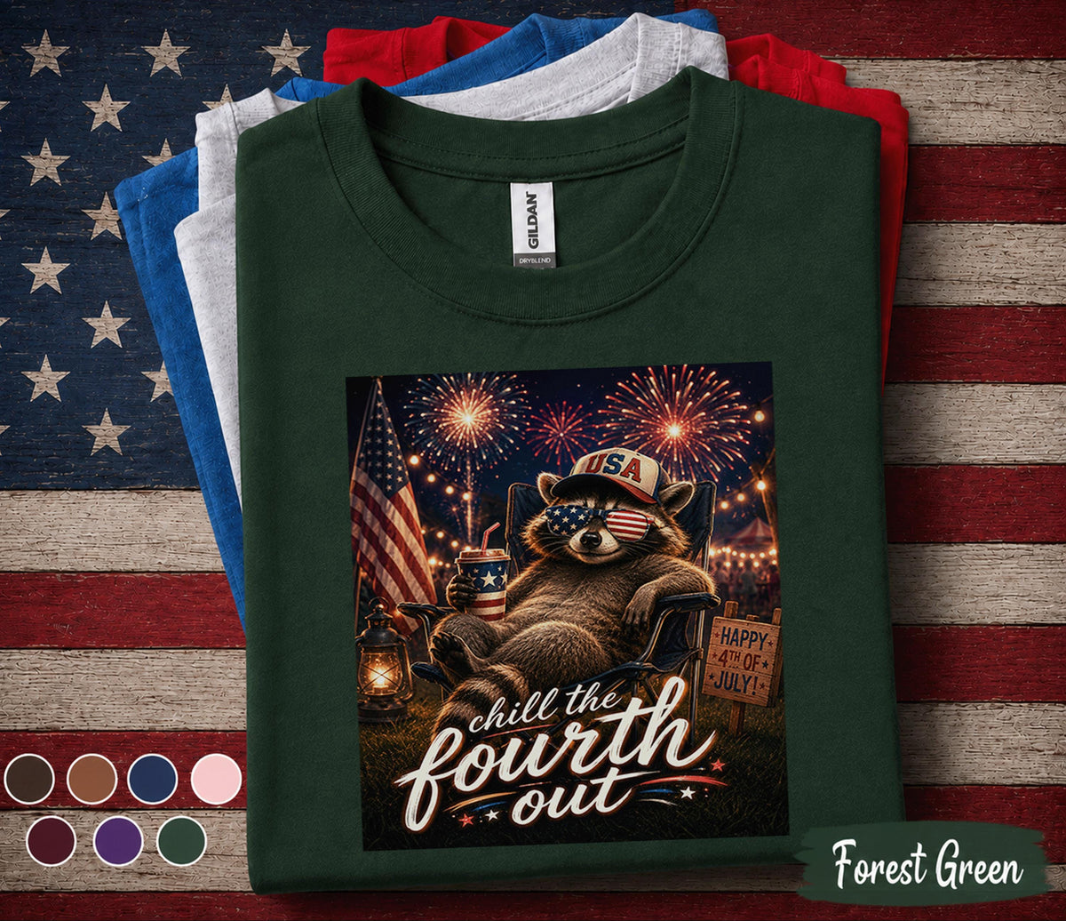 Chill The Fourth Out Raccoon Shirt, Funny 4th of July Raccoon Tee, Patriotic USA Shirt, Independence Day Fireworks Party Top Forth of July