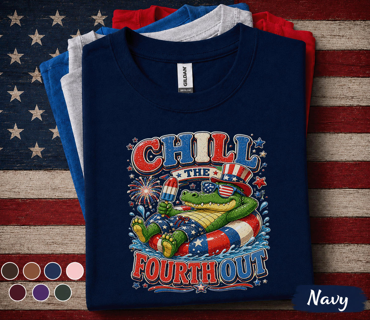 Chill The Fourth Out Alligator Shirt, Funny 4th of July Gator Tee, Patriotic USA Crocodile Shirt, Independence Day Pool Party Forth of July