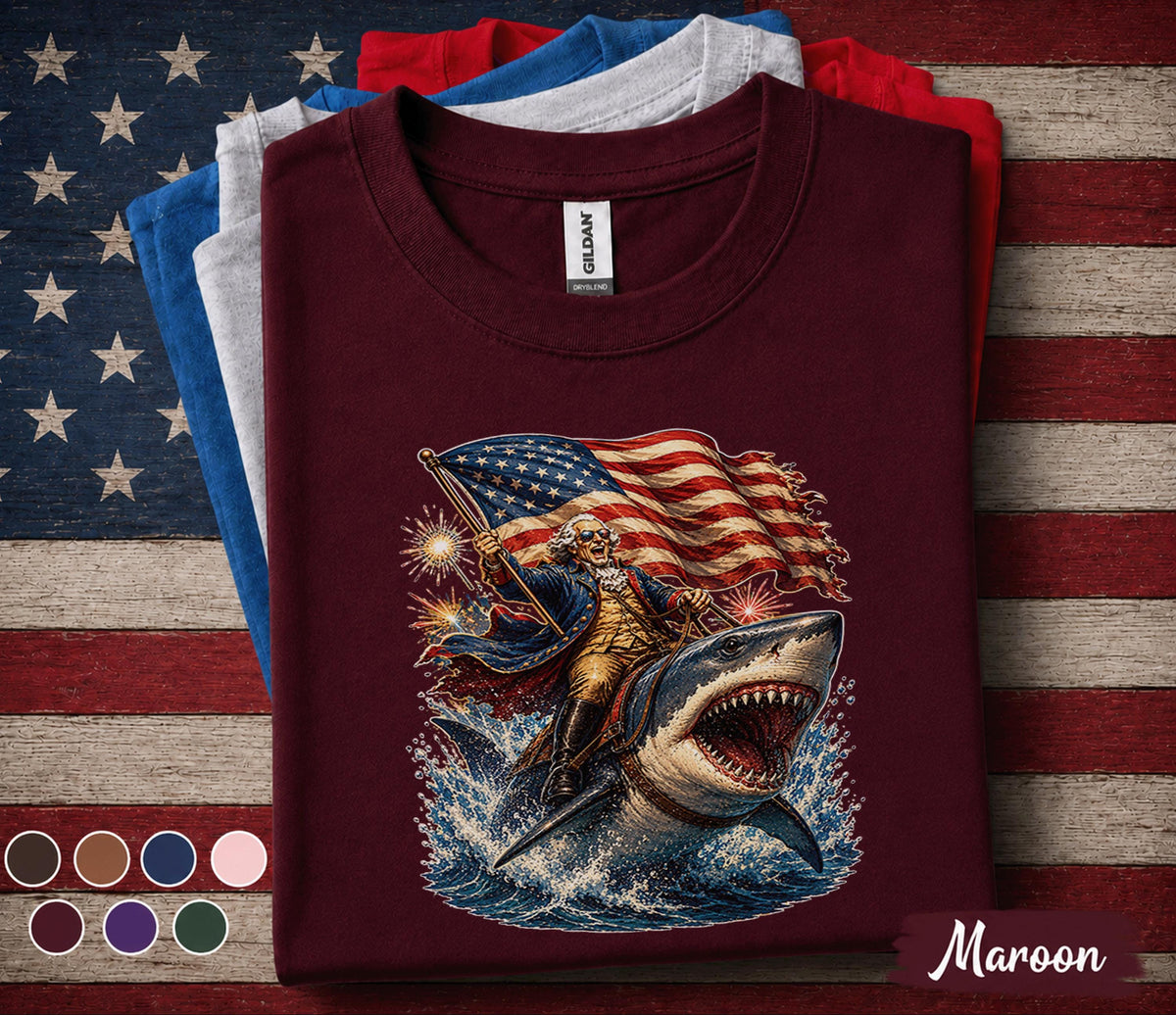 George Washington Riding Shark Shirt, Funny Patriotic 4th of July Tee, American Flag Fireworks USA Independence Day Shirt Forth of July