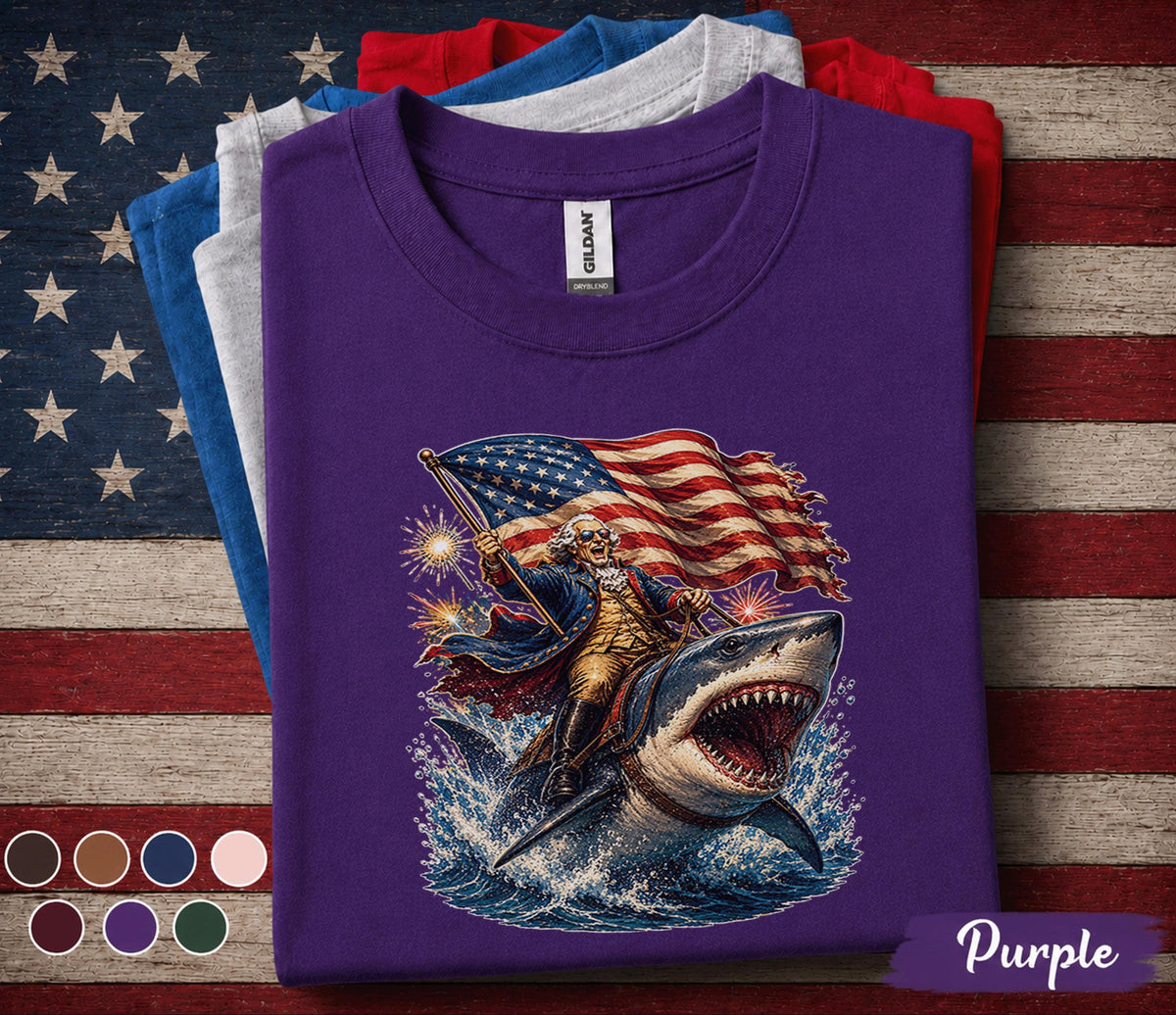 George Washington Riding Shark Shirt, Funny Patriotic 4th of July Tee, American Flag Fireworks USA Independence Day Shirt Forth of July