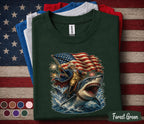 George Washington Riding Shark Shirt, Funny Patriotic 4th of July Tee, American Flag Fireworks USA Independence Day Shirt Forth of July