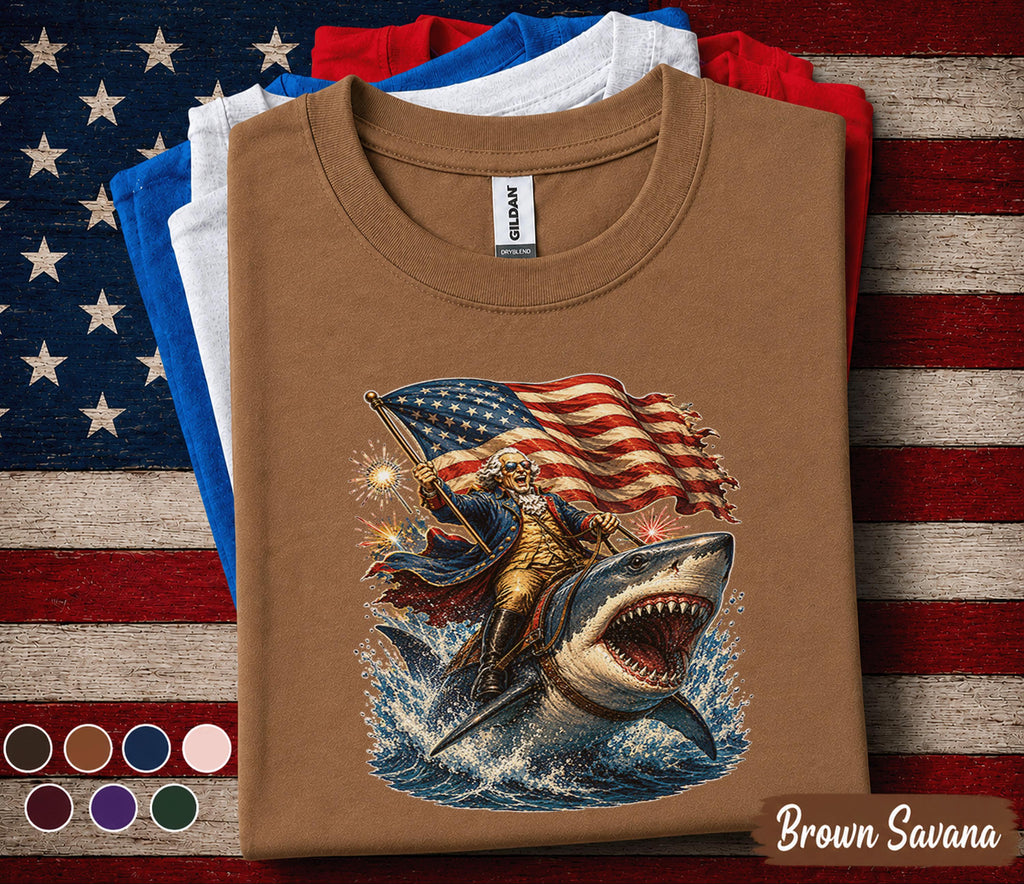 George Washington Riding Shark Shirt, Funny Patriotic 4th of July Tee, American Flag Fireworks USA Independence Day Shirt Forth of July