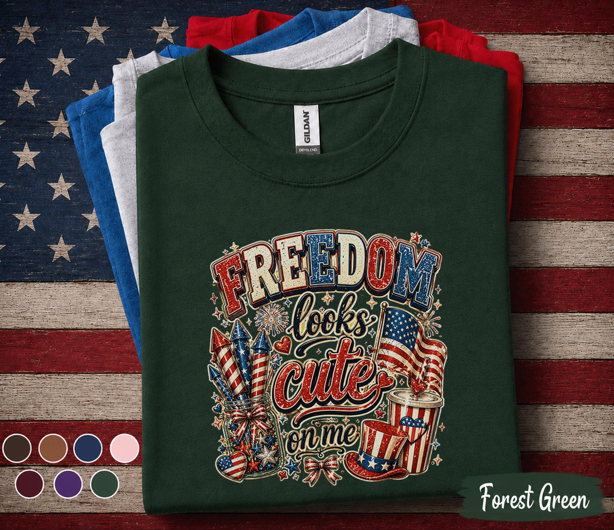 Freedom Looks Cute On Me Shirt, Patriotic 4th of July Tee, Red White Blue Independence Day Shirt, America Fireworks Party Top Forth of July