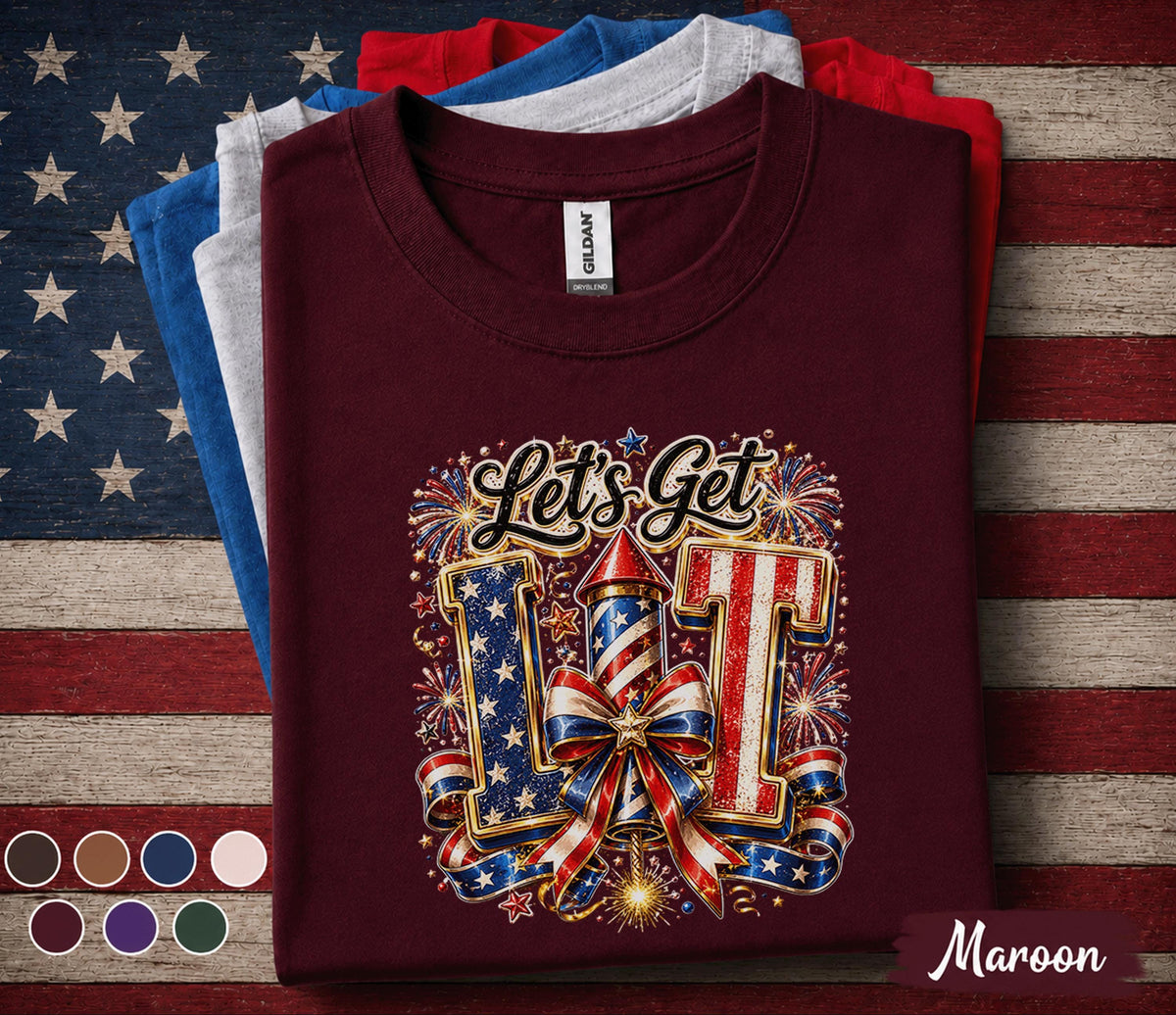 Lets Get Lit 4th of July Shirt, Patriotic Fireworks Tee, Red White Blue Independence Day Shirt, USA Celebration Party Top Forth of July