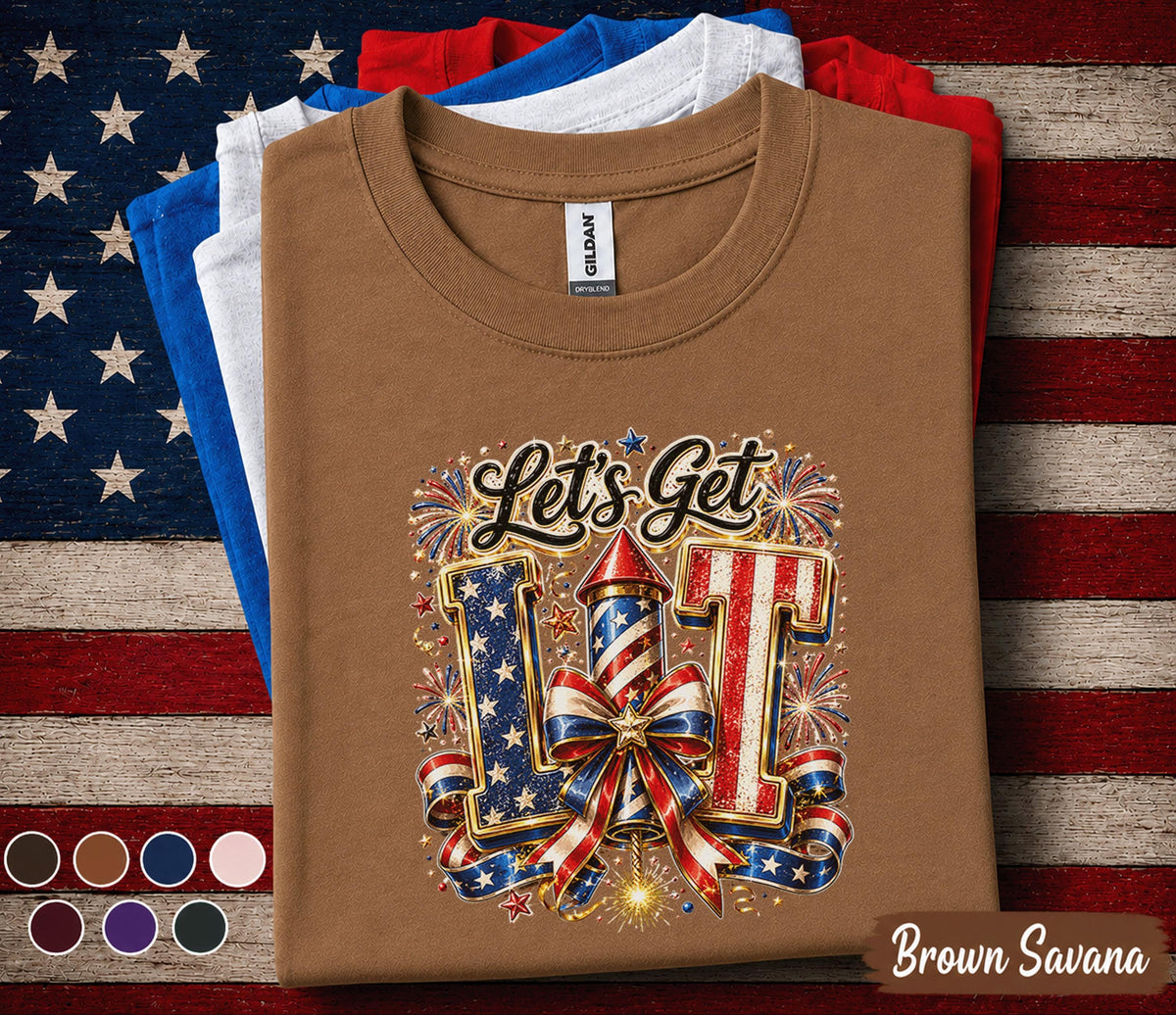 Lets Get Lit 4th of July Shirt, Patriotic Fireworks Tee, Red White Blue Independence Day Shirt, USA Celebration Party Top Forth of July