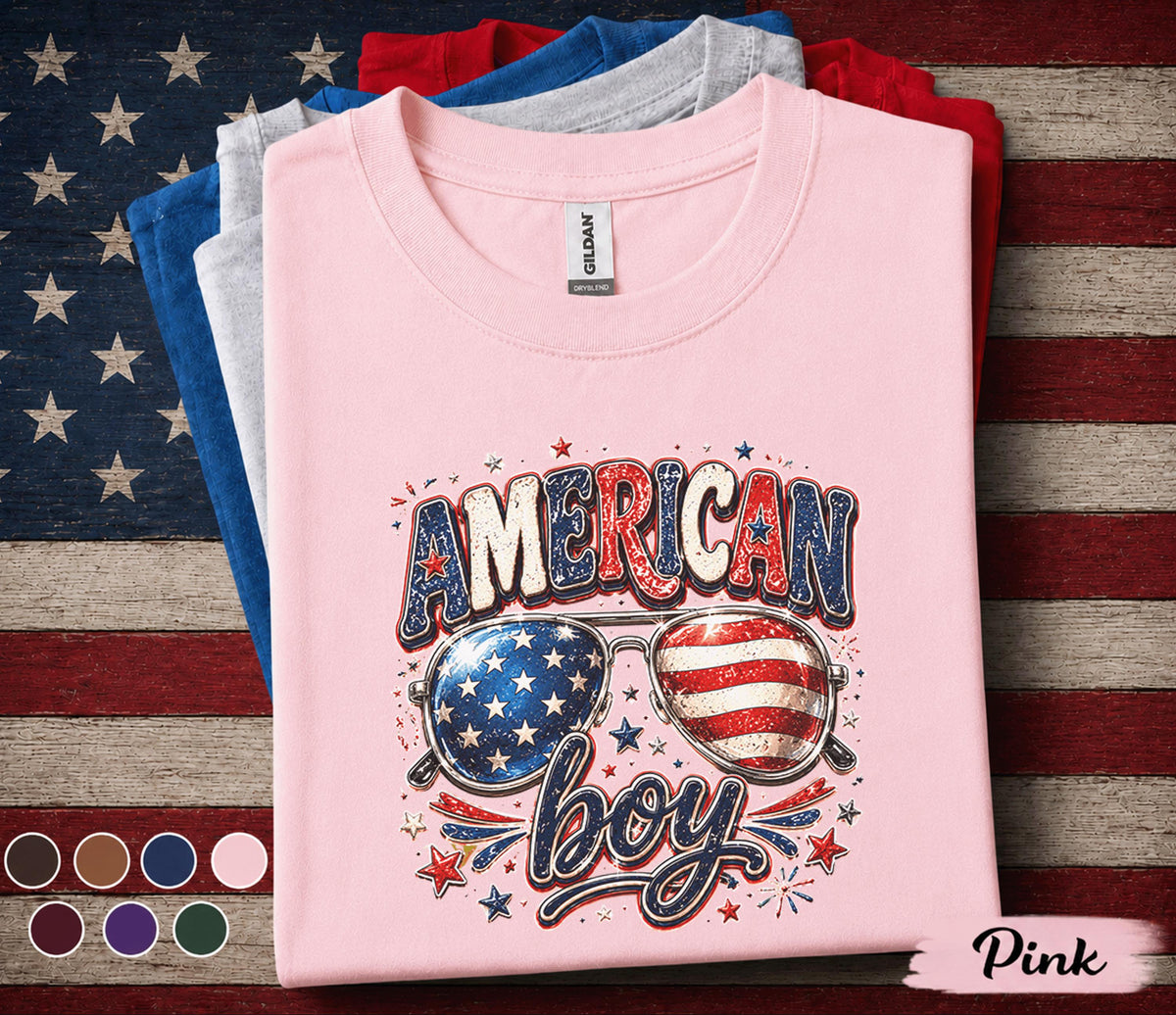 American Boy 4th of July Shirt, Patriotic Sunglasses Tee, Red White Blue Independence Day Shirt, USA Fireworks Celebration Top Forth of July