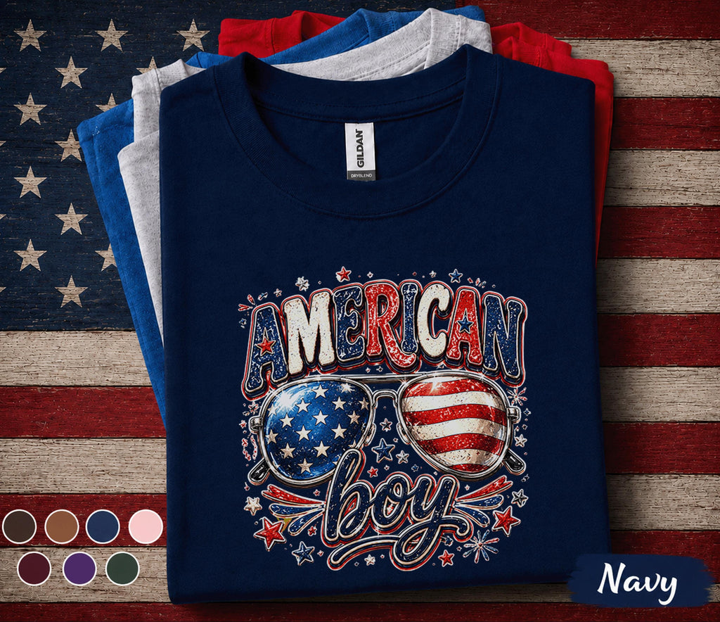 American Boy 4th of July Shirt, Patriotic Sunglasses Tee, Red White Blue Independence Day Shirt, USA Fireworks Celebration Top Forth of July