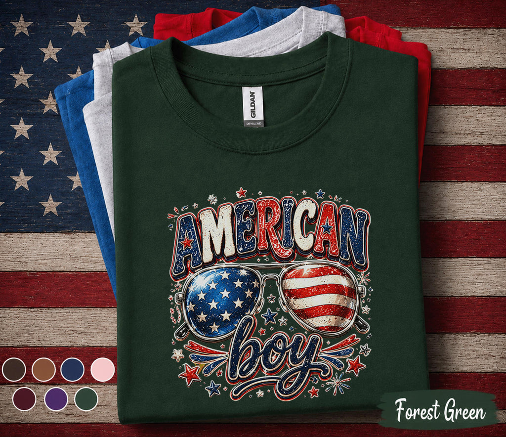 American Boy 4th of July Shirt, Patriotic Sunglasses Tee, Red White Blue Independence Day Shirt, USA Fireworks Celebration Top Forth of July