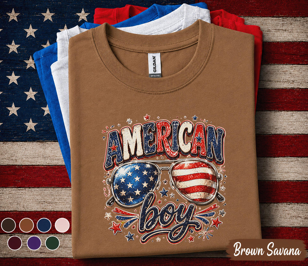 American Boy 4th of July Shirt, Patriotic Sunglasses Tee, Red White Blue Independence Day Shirt, USA Fireworks Celebration Top Forth of July