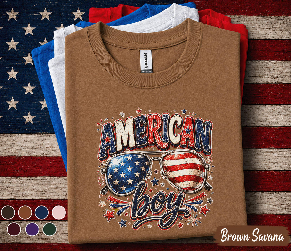American Boy 4th of July Shirt, Patriotic Sunglasses Tee, Red White Blue Independence Day Shirt, USA Fireworks Celebration Top Forth of July