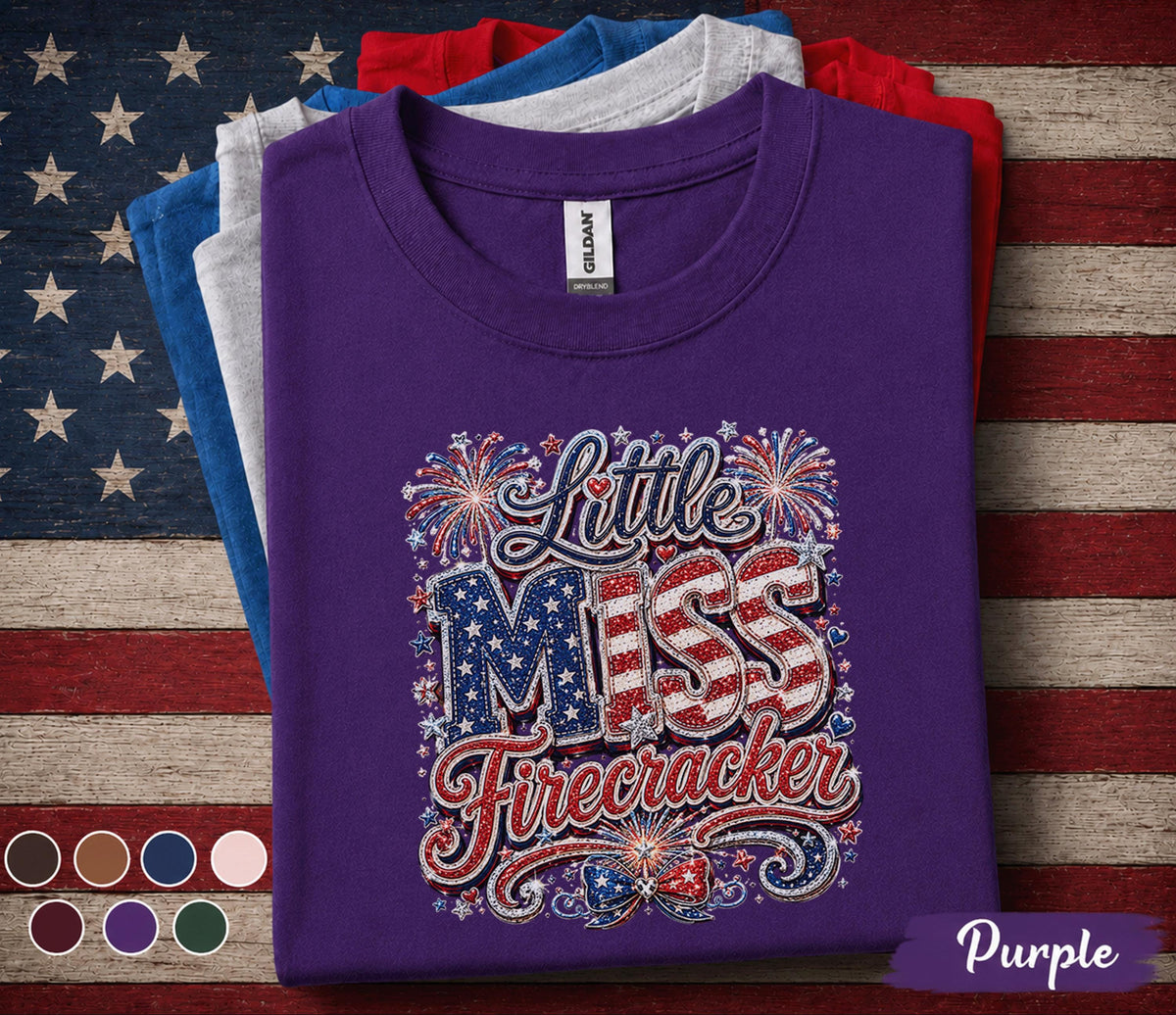 Little Miss Firecracker Shirt, Patriotic Girl 4th of July Tee, Red White Blue Independence Day Shirt USA Fireworks Celebration Forth of July