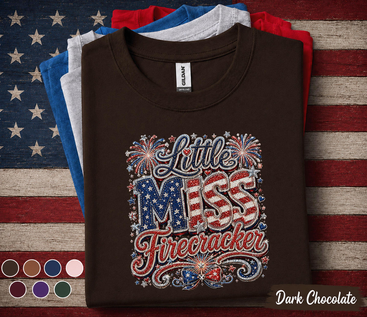 Little Miss Firecracker Shirt, Patriotic Girl 4th of July Tee, Red White Blue Independence Day Shirt USA Fireworks Celebration Forth of July