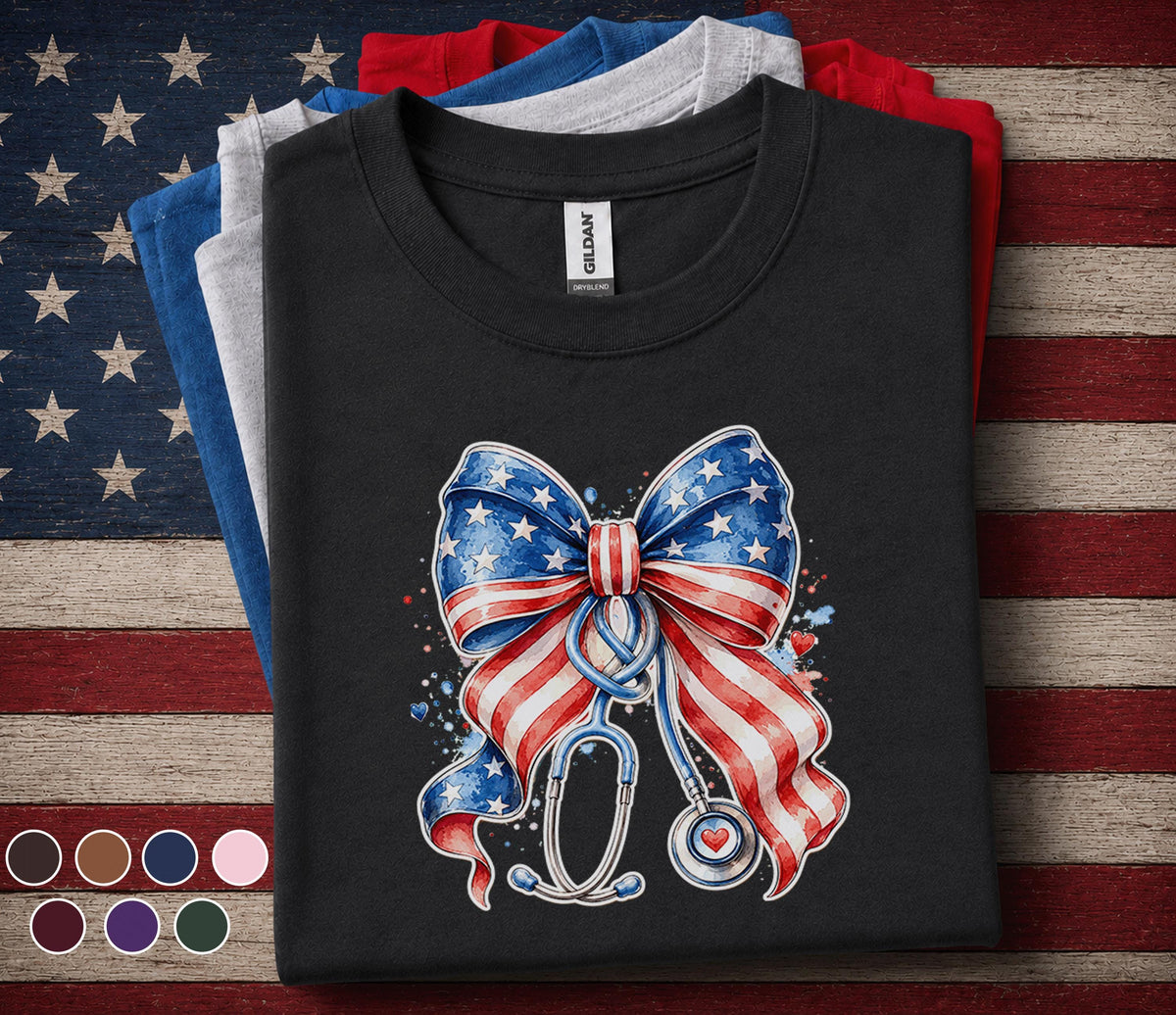 Patriotic Nurse Bow Shirt, 4th of July Nurse Tee
