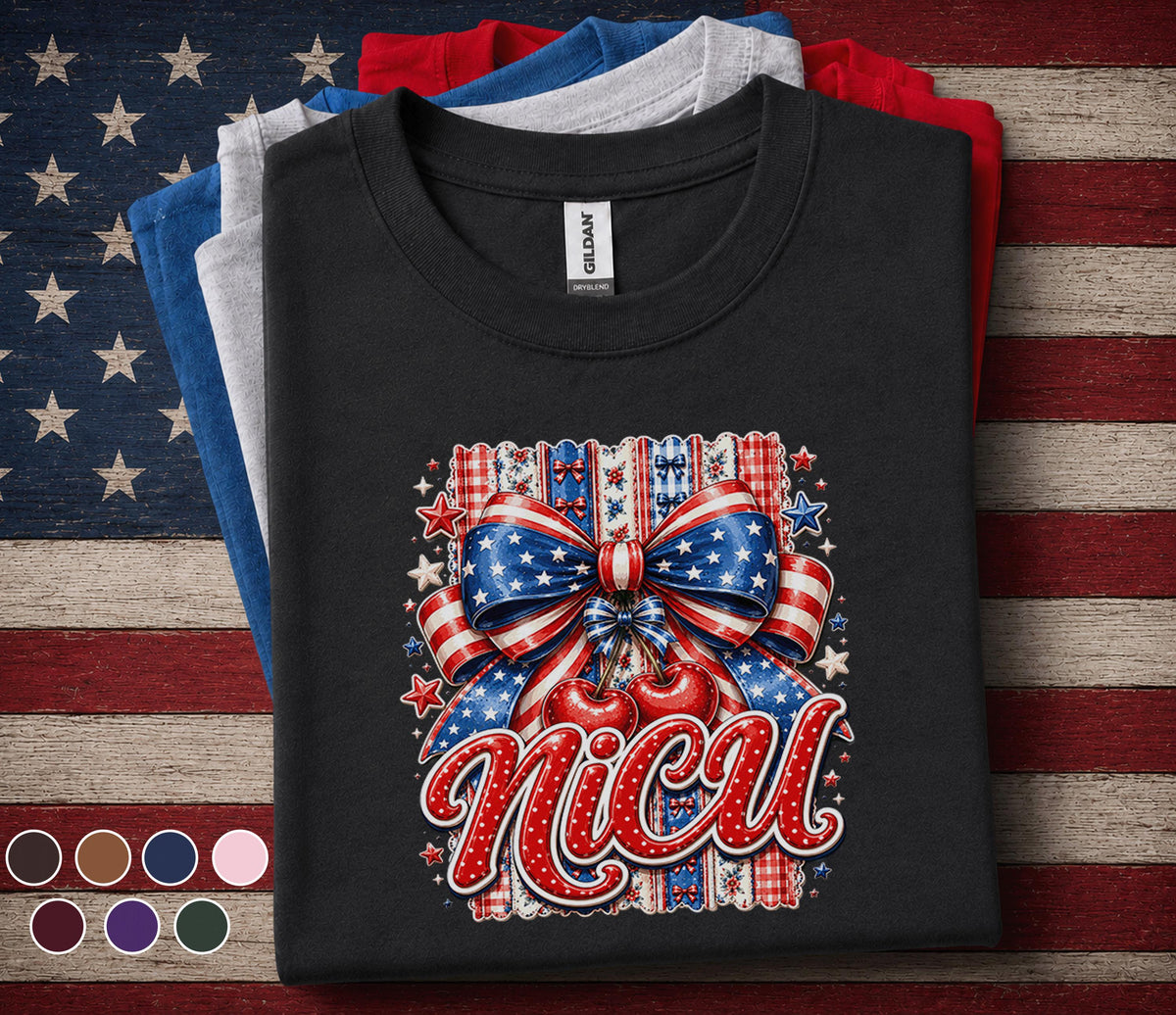Patriotic Nica Shirt, 4th of July Cherry Bow Tee