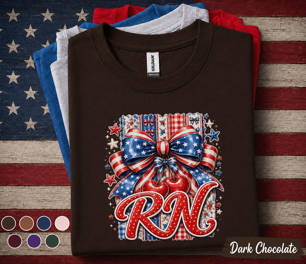 RN Patriotic Bow Shirt, Registered Nurse 4th of July Tee, American Flag Cherry Bow Nurse Top, USA Independence Day Gift Forth of July