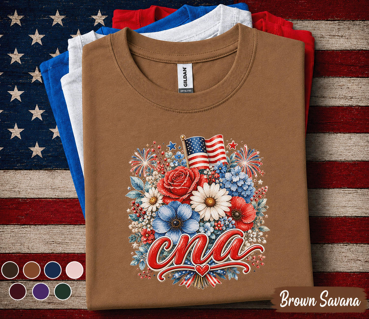 CNA Patriotic Floral Shirt, Certified Nursing Assistant 4th of July Tee, American Flag Flower Healthcare Worker Gift Top Forth of July