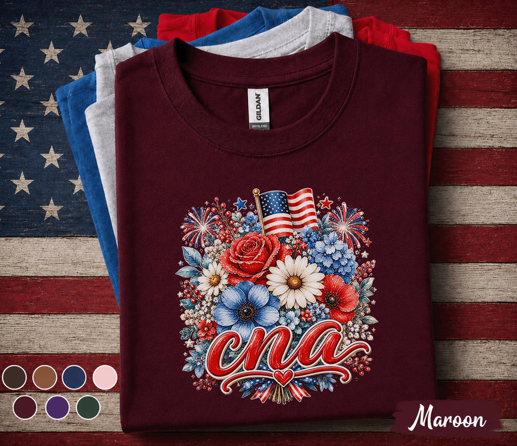 CNA Patriotic Floral Shirt, Certified Nursing Assistant 4th of July Tee, American Flag Flower Healthcare Worker Gift Top Forth of July