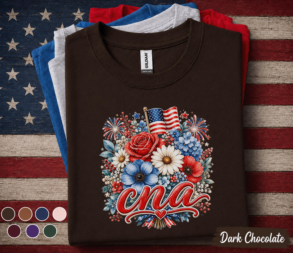 CNA Patriotic Floral Shirt, Certified Nursing Assistant 4th of July Tee, American Flag Flower Healthcare Worker Gift Top Forth of July
