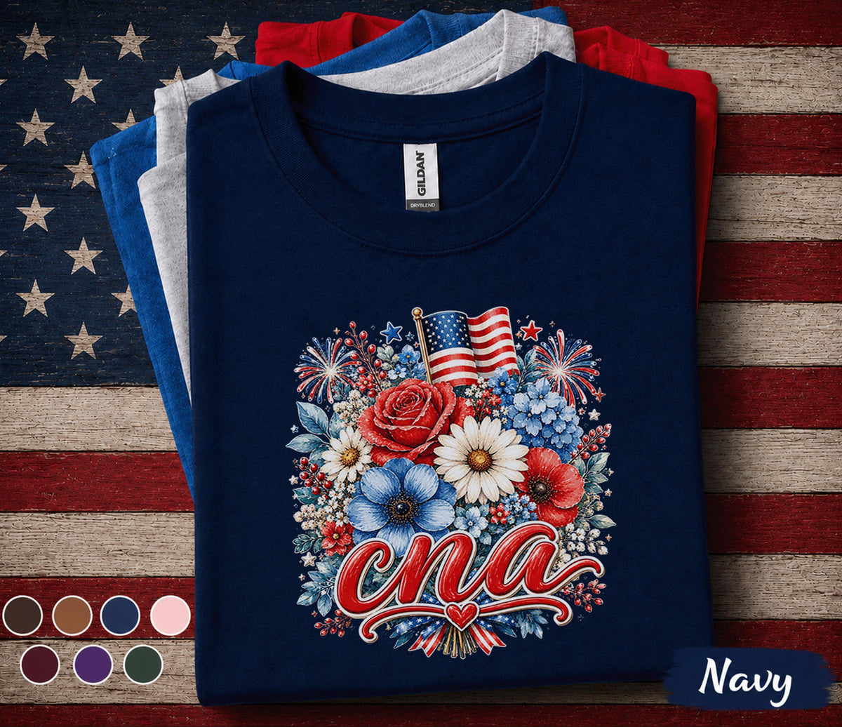 CNA Patriotic Floral Shirt, Certified Nursing Assistant 4th of July Tee, American Flag Flower Healthcare Worker Gift Top Forth of July