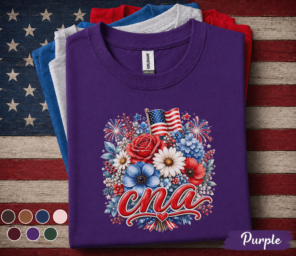 CNA Patriotic Floral Shirt, Certified Nursing Assistant 4th of July Tee, American Flag Flower Healthcare Worker Gift Top Forth of July