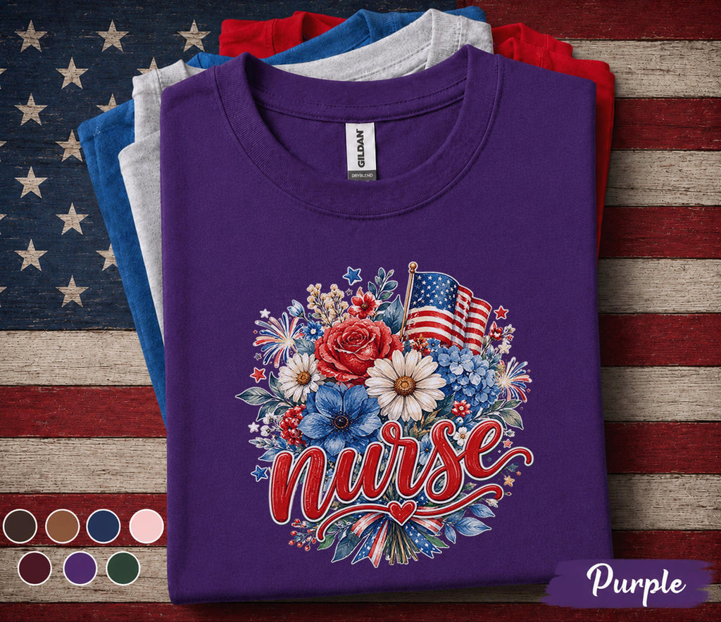 Patriotic Nurse Shirt, 4th of July Nurse Tee, American Flag Floral Nurse Gift, RN lpn CNA Independence Day Top USA Forth of July