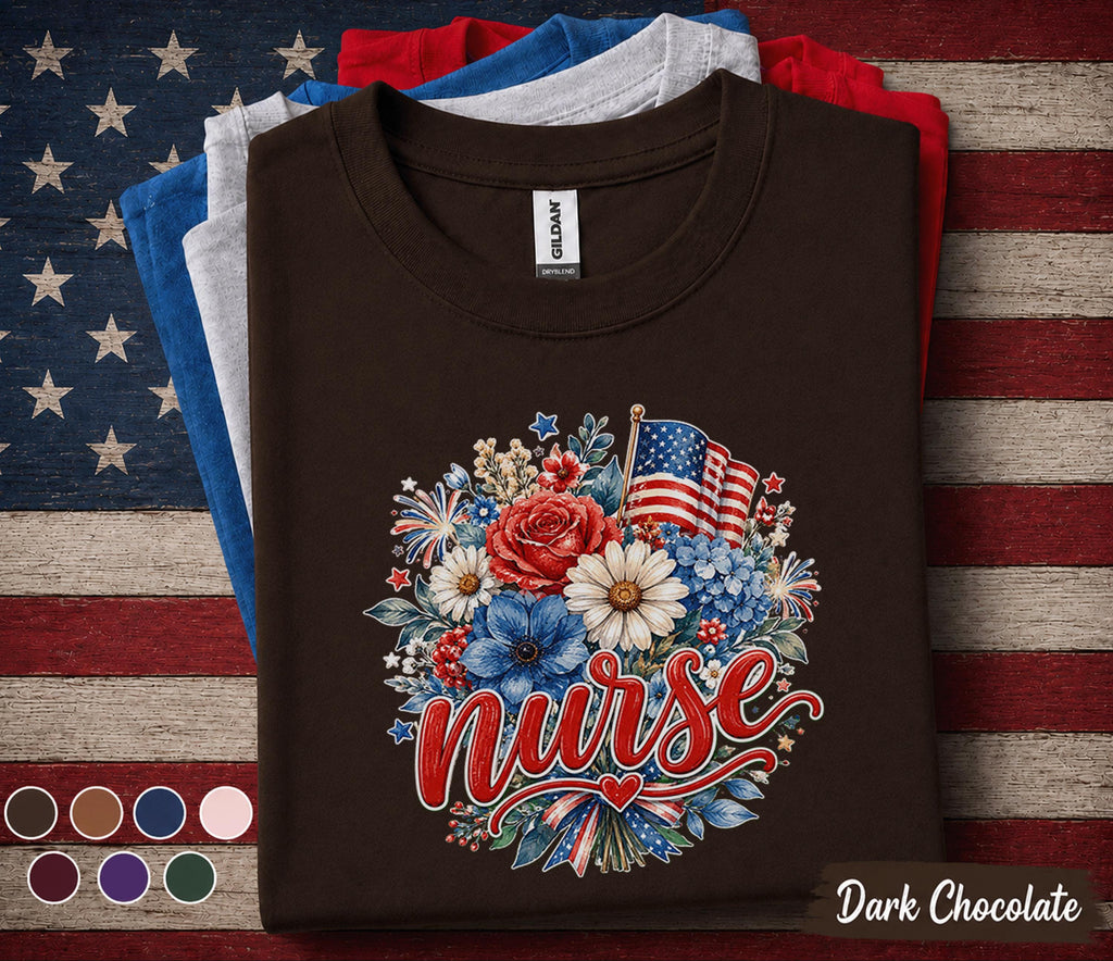 Patriotic Nurse Shirt, 4th of July Nurse Tee, American Flag Floral Nurse Gift, RN lpn CNA Independence Day Top USA Forth of July