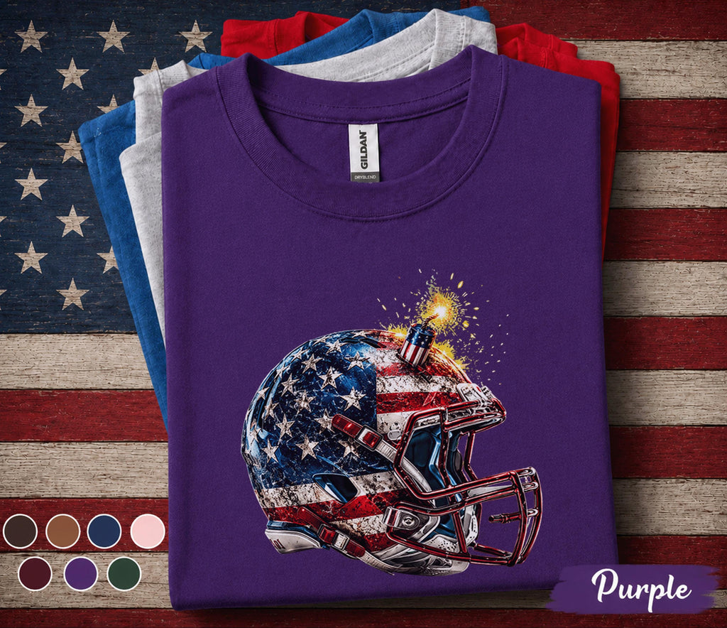 Patriotic Football Helmet Shirt, 4th of July Football Tee, American Flag Helmet Shirt, USA Football Fan Gift, Forth of July Football